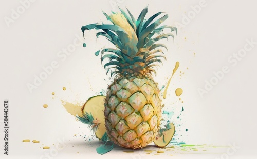 A drawn pineapple on white background watercolor exotic tropical fruit organic food illustrations Generative AI
