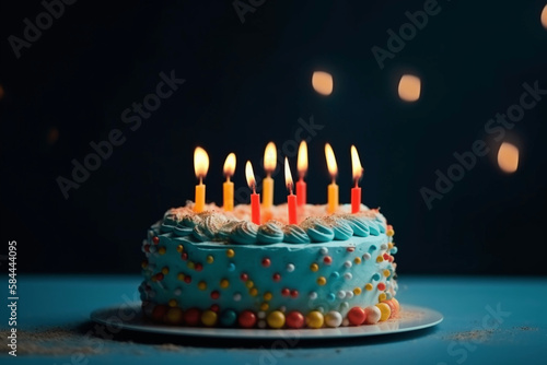 Birthday cake with candles against blue background  Generative AI