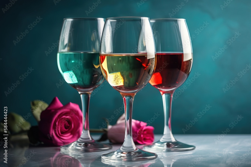 three wine glasses with different colored wine in them next to a pink rose and a blue background with a green wall behind it and a pink rose. generative ai three wine glasses with different colored wine in them next to a pink rose and a blue background with a green wall behind it and a pink rose. generative ai