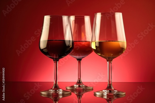  three glasses of wine are sitting on a table with a red background and a red wall behind them, with a red background behind them. generative ai