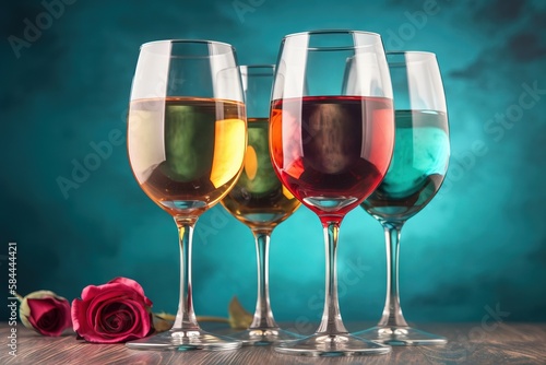  three glasses of different colored wine next to a rose on a wooden table with a blue background and a rose bud in the foreground. generative ai