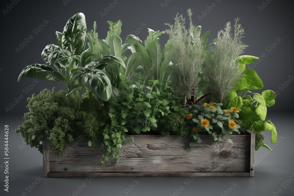  a wooden planter filled with lots of green plants and plants growing out of the top of it's wooden box on a gray surface.  generative ai