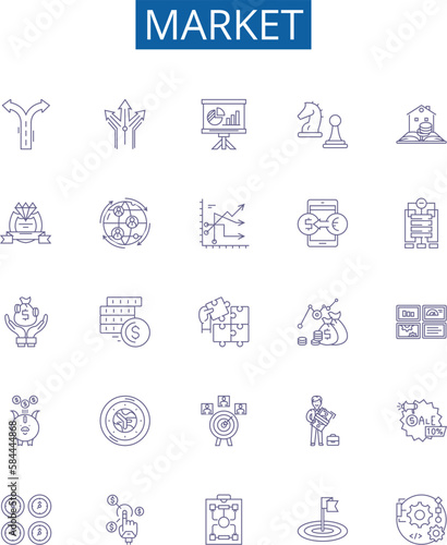 Market line icons signs set. Design collection of Market, Trade, Shopping, Retail, Bazaar, Vend, Exchange, Commercial outline concept vector illustrations