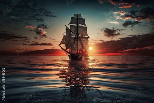 Ship at sunset Generative AI © Sthefany