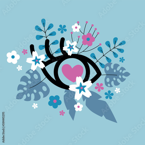 Healthy Vision. Eye with flowers. Eye Health. Vector illustration. Concept of vision correction and healthcare. Eye Health