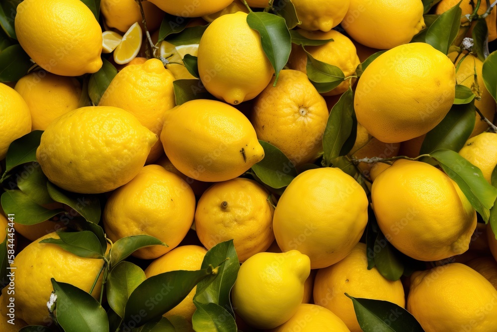  a pile of lemons with green leaves on top of them and a lemon on the bottom of the pile of lemons on the top of the pile.  generative ai