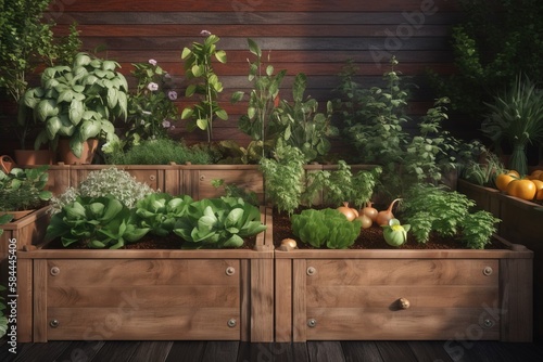  a wooden box filled with lots of different types of vegetables and plants in it's sides and sides, all on top of a wooden floor. generative ai