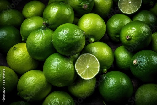  a pile of limes with one lime cut in half and a whole lime in the middle of the pile with the whole lime in the middle.  generative ai