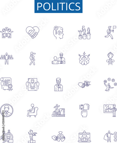 Politics line icons signs set. Design collection of Politics, Governance, Diplomacy, Statecraft, Election, Legislation, Policy, Executive outline concept vector illustrations photo
