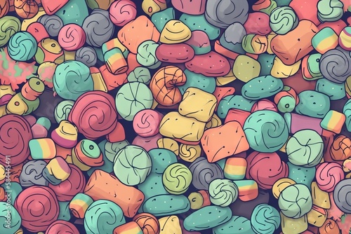  a bunch of colorful candies that are on a table with a blue background and a red one in the middle of the picture and a yellow one in the middle of the picture.  generative ai