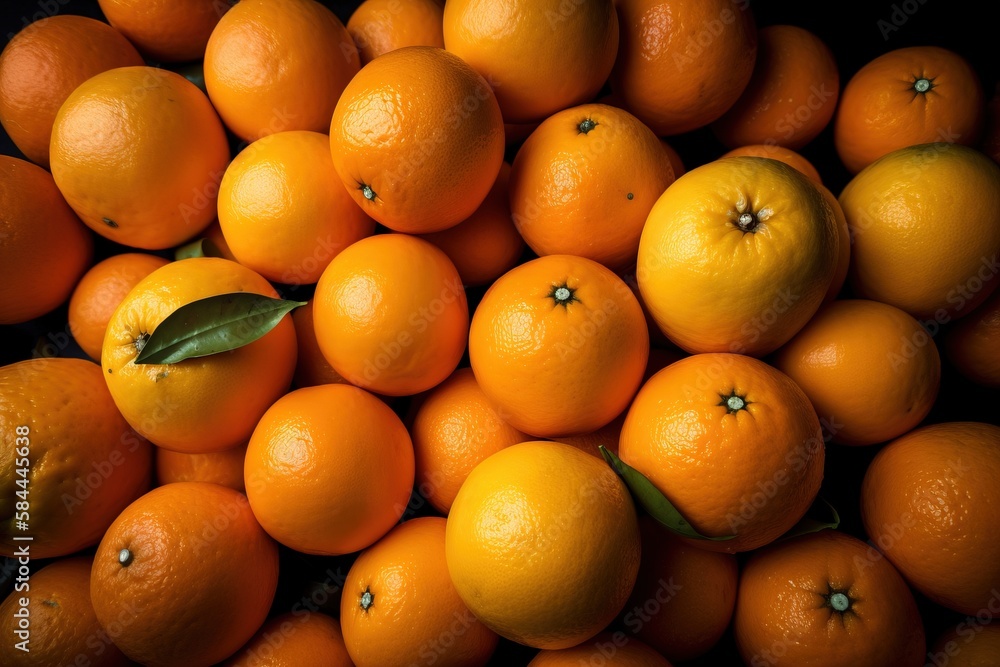 a pile of oranges with a green leaf on top of them, all piled up in a pile, with one orange on top of the other. generative ai a pile of oranges with a green leaf on top of them, all piled up in a pile, with one orange on top of the other. generative ai