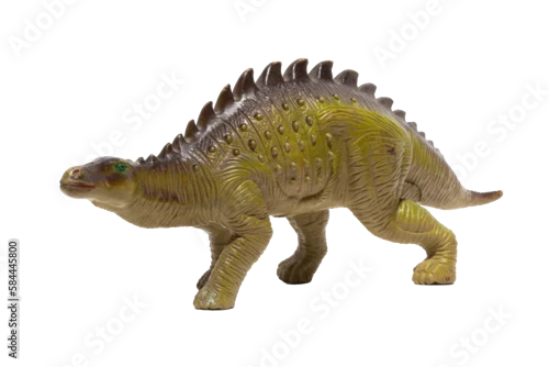 Fototapeta na wymiar Close up of a plastic dinosaur toy with spikes on its back isolated on white background.