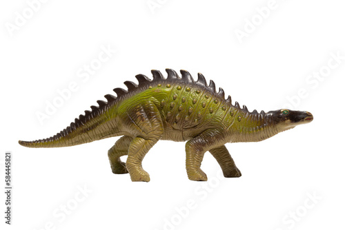 Plastic dinosaur toy with spikes on its back isolated on white background.