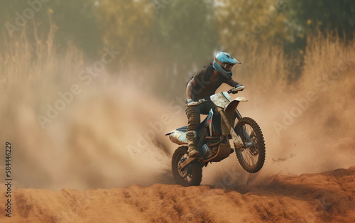 Motocross is an extreme sport that involves high-speed racing on dirt trails with jumps. enduro, or racing, the motion and speed of biking is a thrilling display of active fun. Generative AI © Mickael