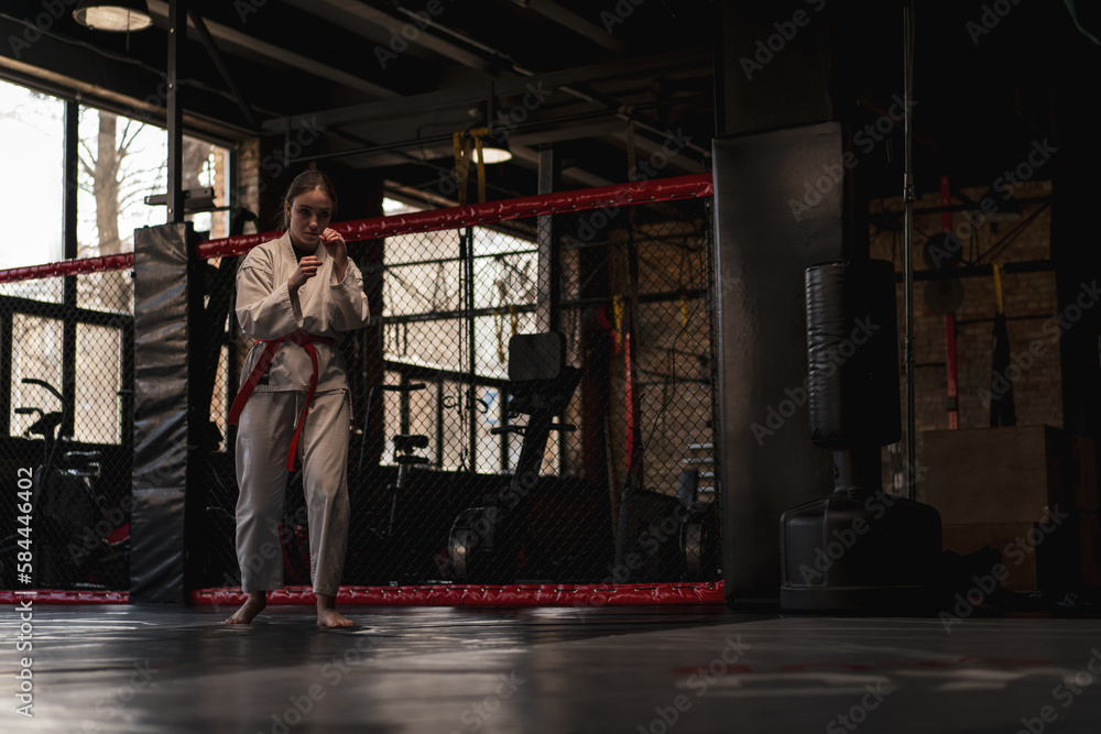 Fototapeta premium A girl practices karate in a gym A woman in kimono practices movements and poses Martial arts