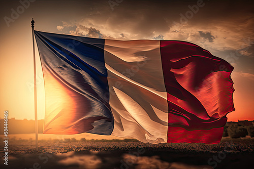 Close up waving flag of France on background of sunset sky. Flag symbols of France. National day of the people's republic of France. 14th of July. Generative AI. © Robert