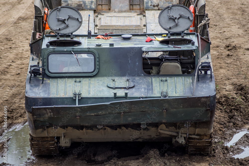 A twin-screw vessel on a caterpillar chassis designed for amphibious crossings PTS.