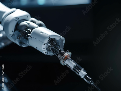 A robotic arm holding a syringe demonstrating AIs ability to create more efficient and precise procedures for doctors. . AI generation.