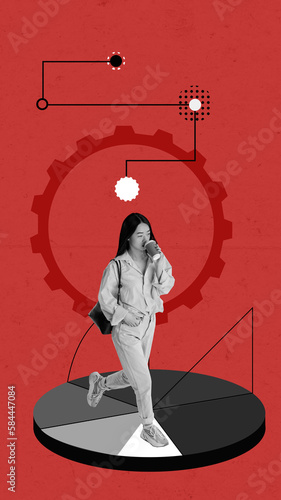 Going to work. Young girl drinking coffee on her way. Brainstorming and analytics. Contemporary art collage. Creative design. Concept of business, personal and professional growth, innovations photo