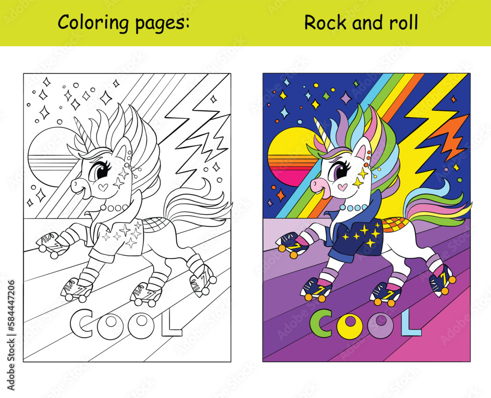 Cool unicorn rolls on roller skates coloring book vector