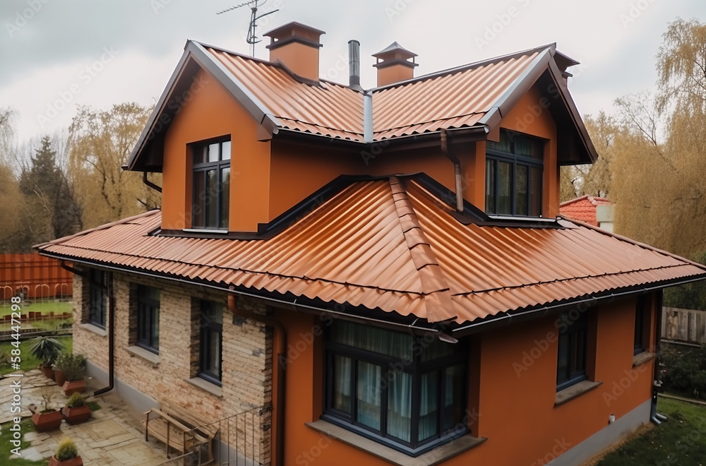 House roof surface covered with brown metal tile sheets, plastic soffit, attic window and roof gutters created with Generative AI