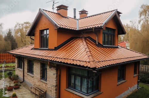 House roof surface covered with brown metal tile sheets, plastic soffit, attic window and roof gutters created with Generative AI