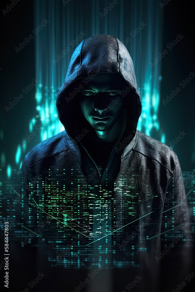 Unknown hacker on cyber background. Internet, cyberspace and data security concept. Generative AI. Unknown hacker on cyber background. Internet, cyberspace and data security concept. Generative AI.