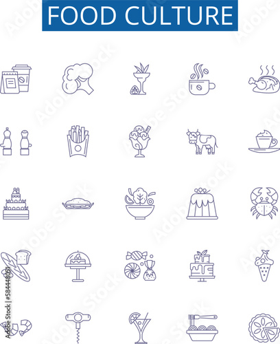 Food culture line icons signs set. Design collection of Cuisine, Gourmet, Gastronomy, Dishware, Recipes, Etiquette, Banquet, Dietary outline concept vector illustrations