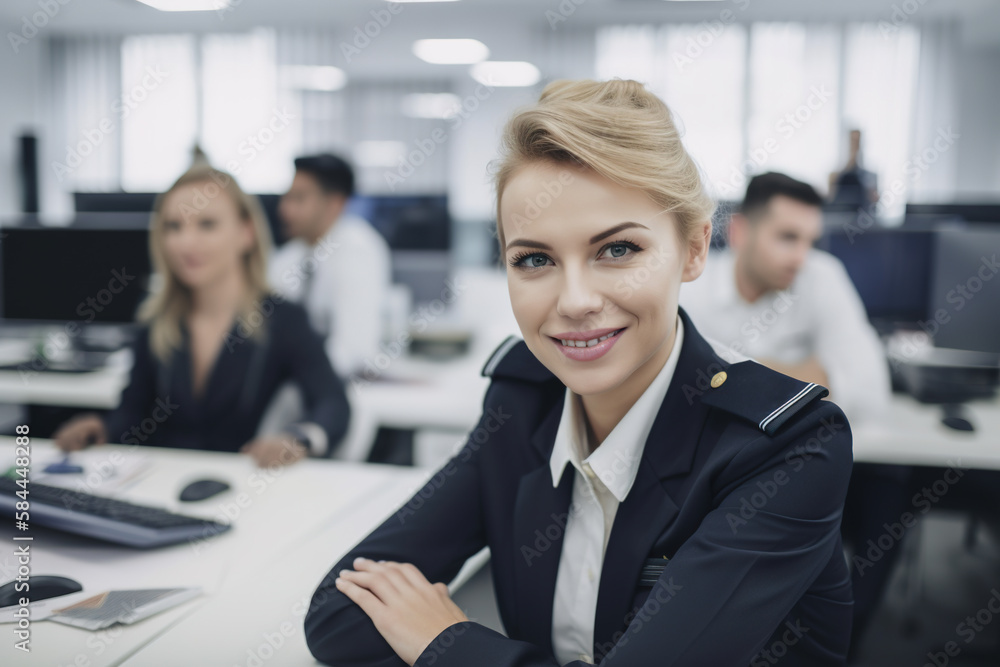 A young, beautiful blonde policewoman smiles confidently in her uniform as she works with a team of law enforcement officers in the office. Generative AI. A young, beautiful blonde policewoman smiles confidently in her uniform as she works with a team of law enforcement officers in the office. Generative AI.