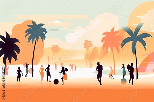 a colorful minimalist illustration of people of different ethnicities having fun on the beach, summer vibes. generative ai