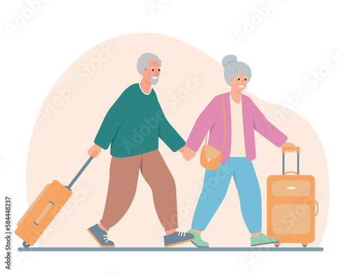 Couple of Elderly People tourists. Grandparents with suitcases going to travel. Senior smiling men and women traveling. Vector flat illustration isolated on white background.