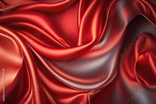 Red abstract shiny plastic silk or satin wavy background. Generative AI.