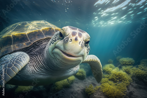 Close up of a sea turtle underwater. Endangered wildlife and ocean ecosystem concept. Generative AI