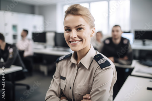 Beautiful caucasian female cop smiles in her white uniform while doing her job enforcing the law among people in an office. Generative AI. photo