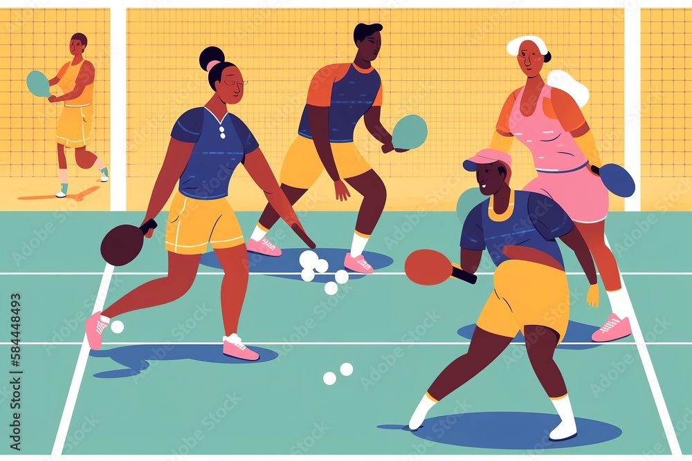 a colorful minimalist illustration of people of different ethnicities playing pickleball, summer vibes. generative ai