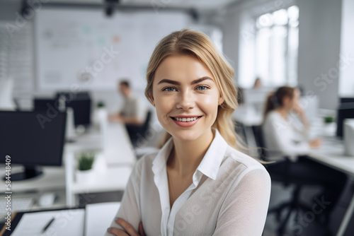 A young, beautiful and professionally dressed businesswoman smiles confidently in an office setting, exuding success and happiness. Generative AI.