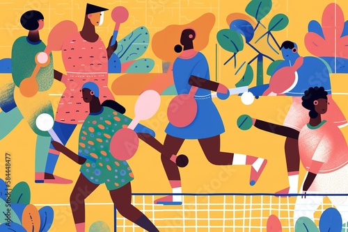 a colorful minimalist illustration of people of different ethnicities playing pickleball, summer vibes. generative ai photo