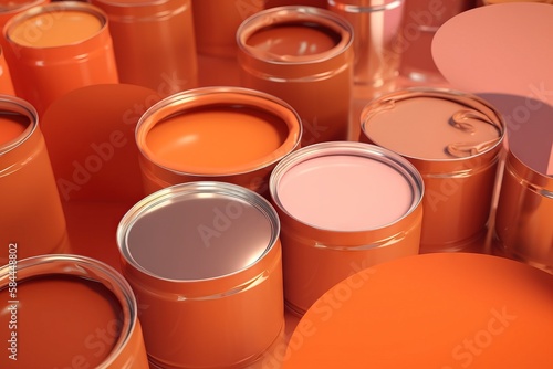  a group of orange paint cans sitting next to each other on top of a floor covered in orange and pink paint cans and a pink heart. generative ai