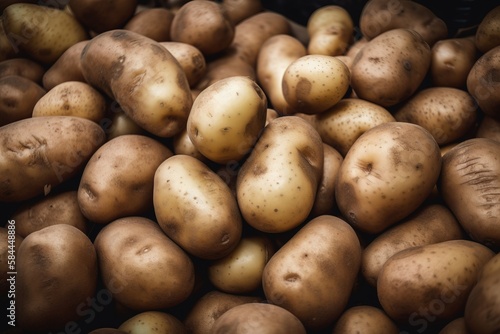  a pile of potatoes sitting next to each other on top of a table with dirt on the tops of them and a black bag of potatoes in the background.  generative ai