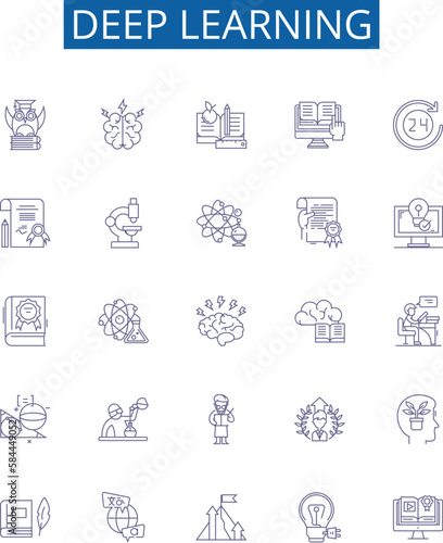 Deep learning line icons signs set. Design collection of Deep learning, Neural networks, Machine learning, Backpropagation, CNN, NLP, AI, Reinforcement learning outline concept vector illustrations photo