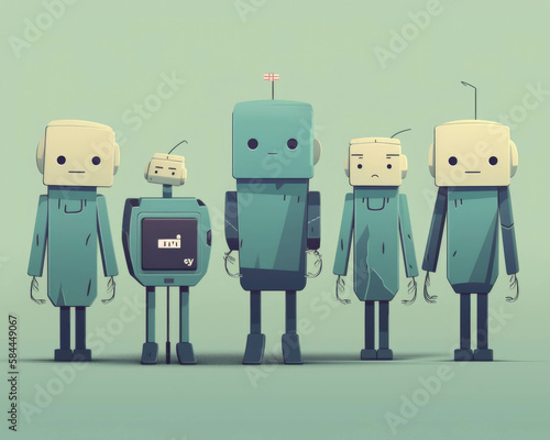 Three robots standing in a line each with a movie a Netflix remote in the middle and thumbs up and down options on the screen. . AI generation. © Justlight
