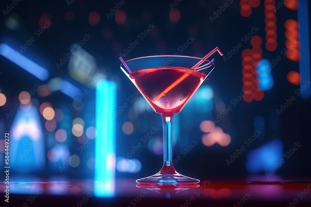  a cocktail glass with a red liquid and a straw in it on a table in front of a blurry cityscape at night.  generative ai