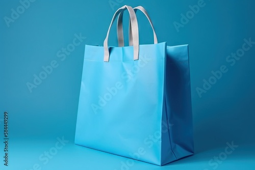  a blue shopping bag on a blue background with a silver stripe on the handle and bottom of the bag is a square shape with a silver strip on the side. generative ai