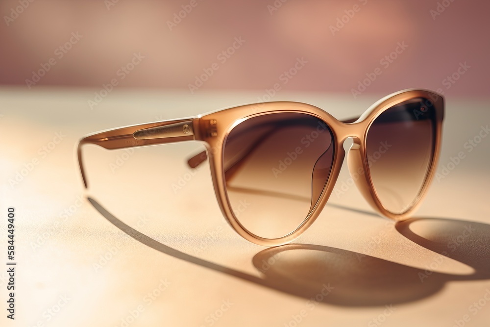 a pair of sunglasses sitting on top of a table next to a light brown background with a shadow of the sunglasses on the table and the top of the sunglasses. generative ai a pair of sunglasses sitting on top of a table next to a light brown background with a shadow of the sunglasses on the table and the top of the sunglasses. generative ai