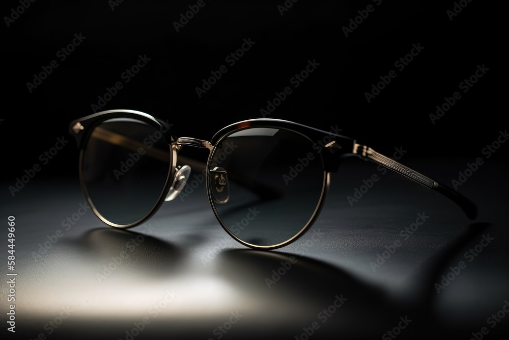 a pair of sunglasses sitting on top of a table next to a light reflecting off of the lens of the sunglasses on the table,. generative ai a pair of sunglasses sitting on top of a table next to a light reflecting off of the lens of the sunglasses on the table,. generative ai