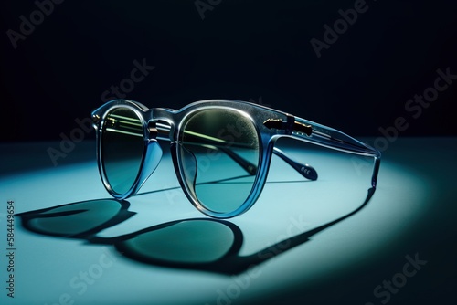  a pair of sunglasses sitting on top of a blue table next to a pair of glasses with a shadow on the ground behind them and a black background. generative ai