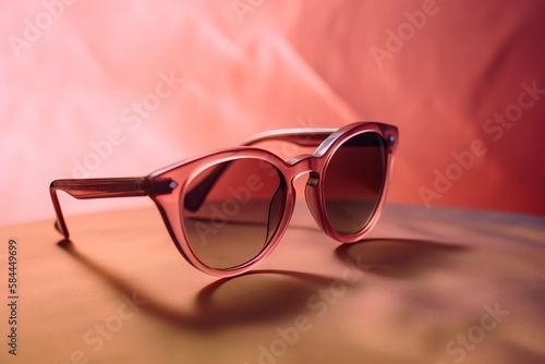  a pair of pink sunglasses sitting on top of a wooden table next to a pink wall and a pink wall behind it with a shadow of the sunglasses. generative ai