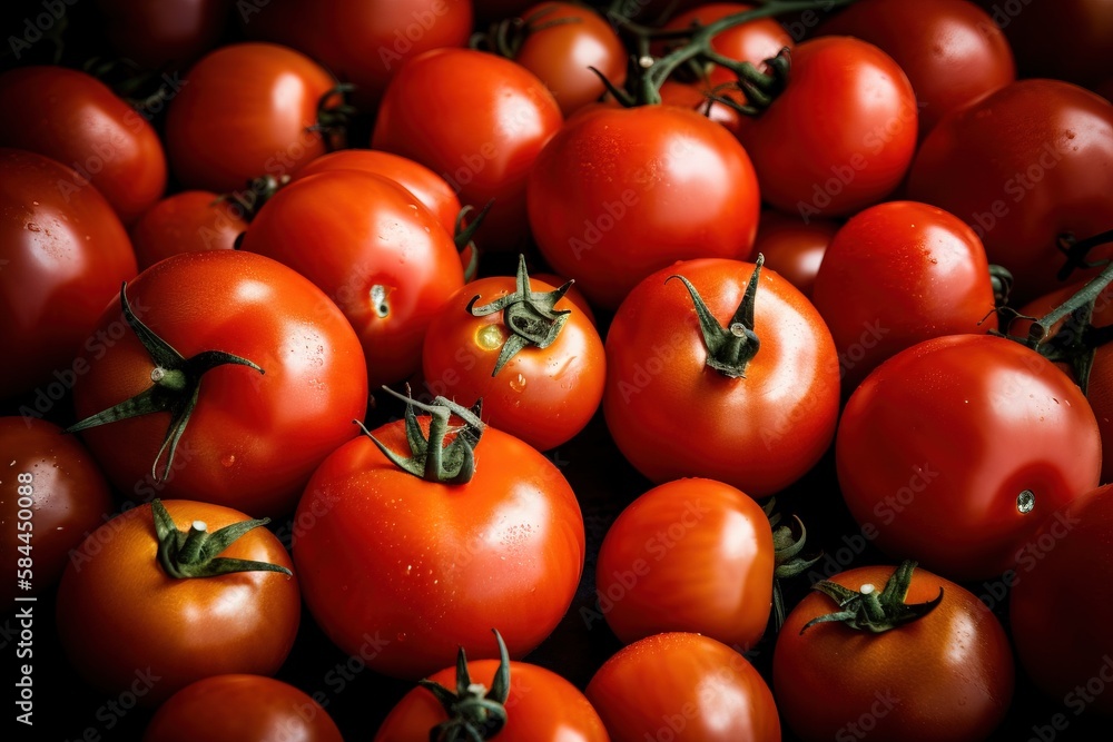 a bunch of tomatoes that are laying on the ground with some green stems on them and one of the tomatoes has a few small green leaves on it. generative ai a bunch of tomatoes that are laying on the ground with some green stems on them and one of the tomatoes has a few small green leaves on it. generative ai