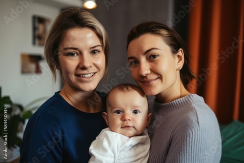 Happy lesbian couple posing with their baby. Generative AI