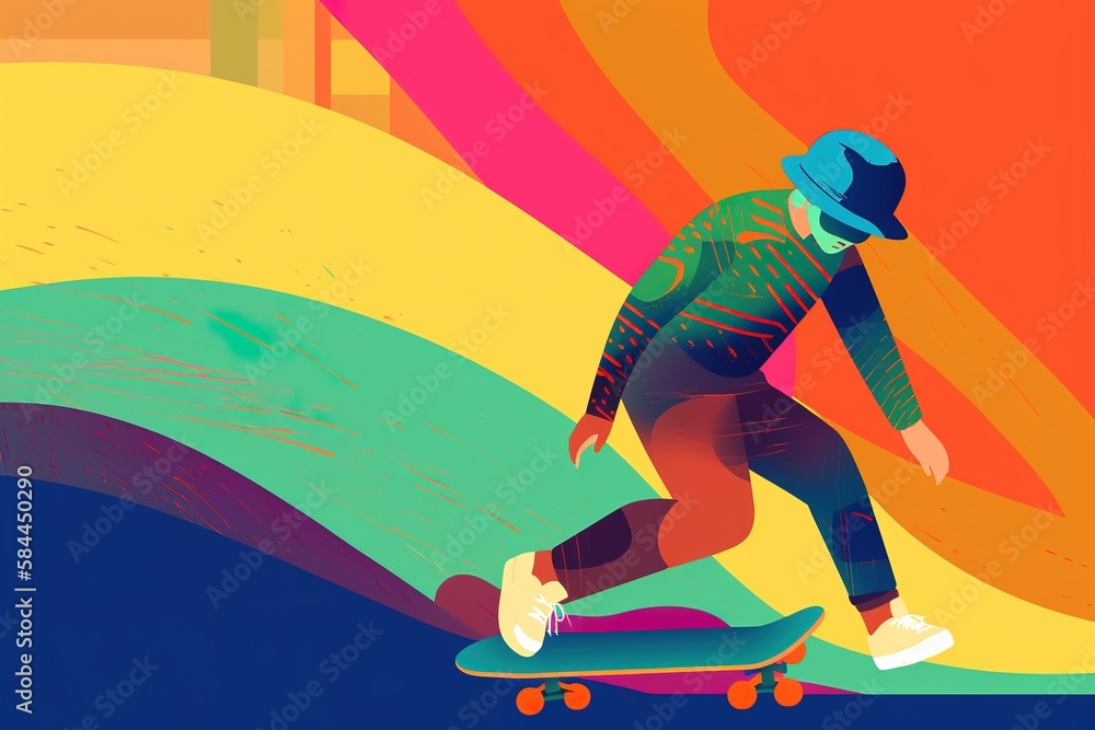 a colorful minimalist illustration of a boy riding a skateboard or longboard. generative ai